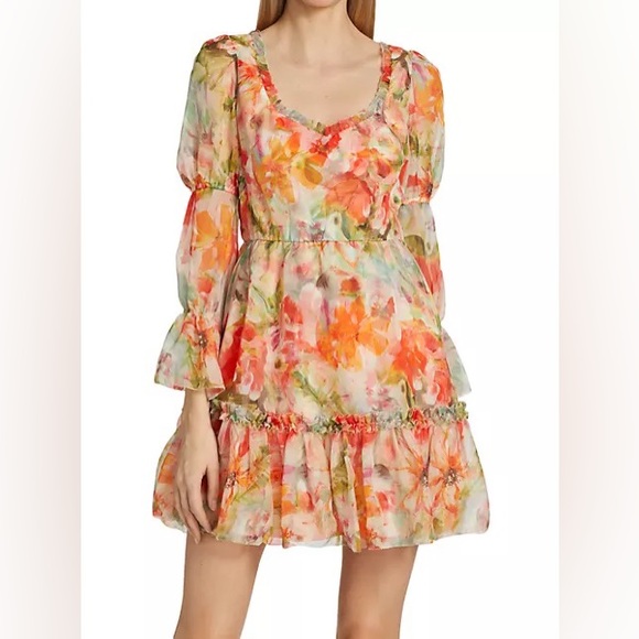 Abstract Floral Printed Chiffon Mini Dress - Melon - SIZE 8 - Picture 2 of 13